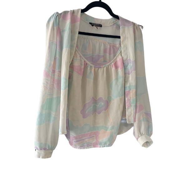 American Vintage Tops - Vintage 70s Patty Woodard Floral 2 Piece Set - Tank Top and Cardigan Size Small